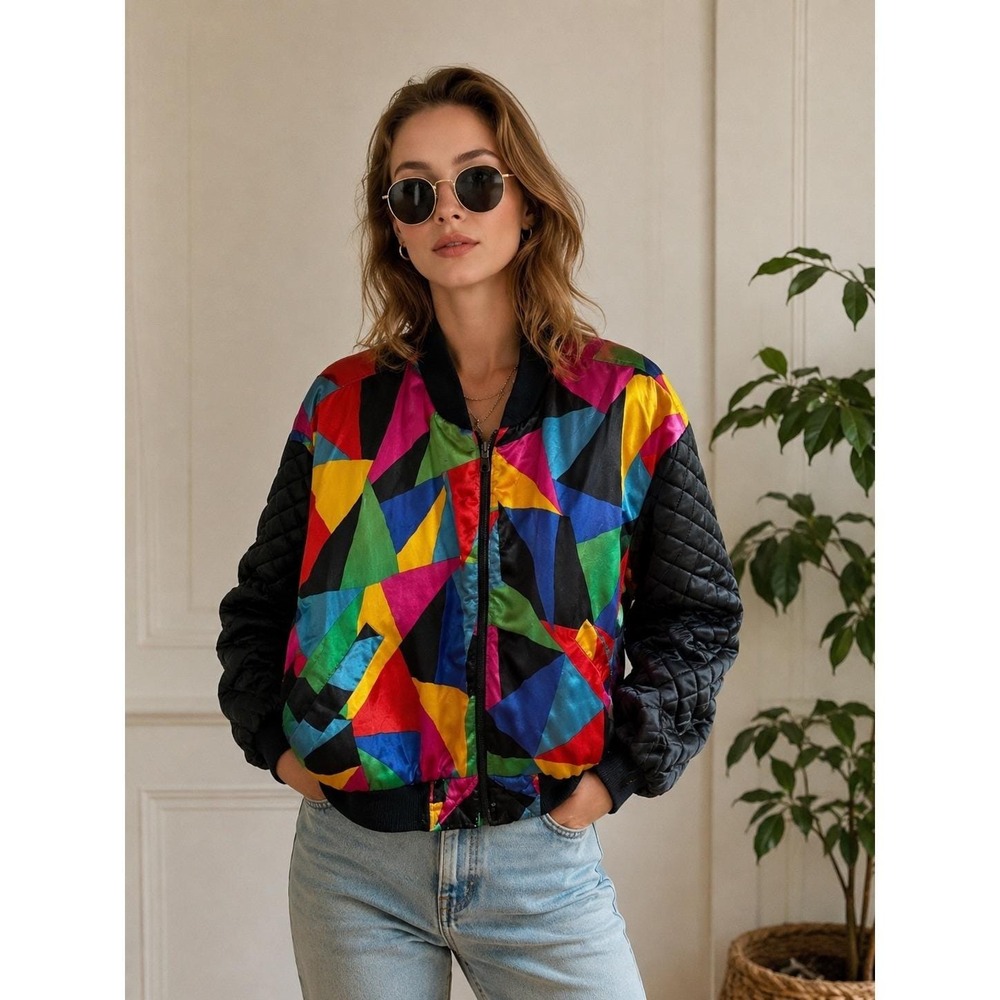 Vintage‎ Mulberry Street ReversibleBomber 1980s Multicolor RARE Sz L